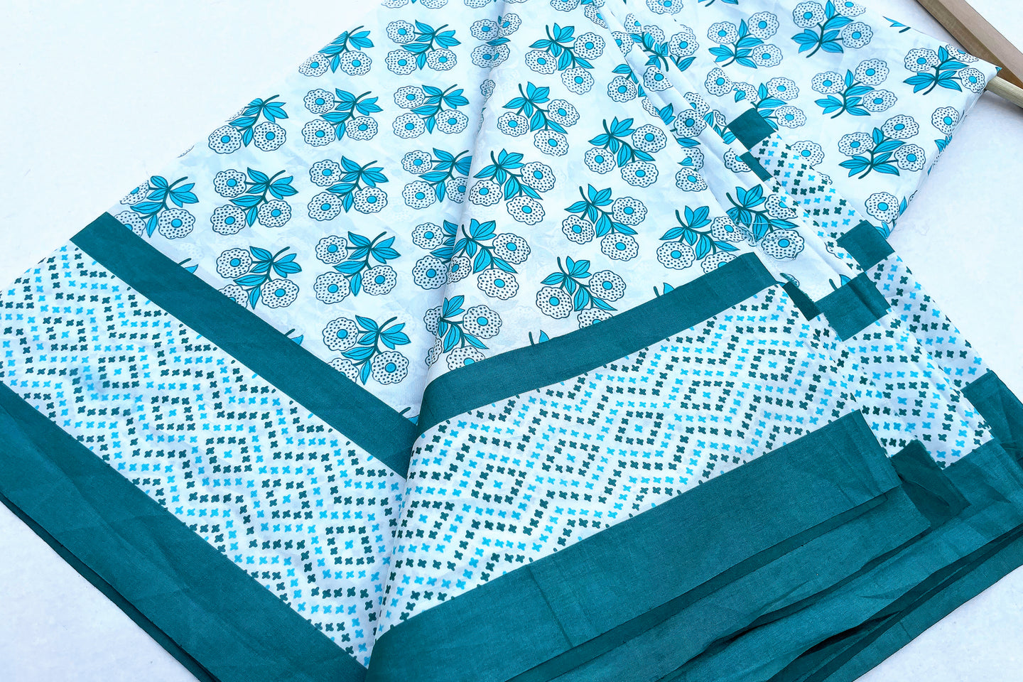 Teal Flowers Silk Sari